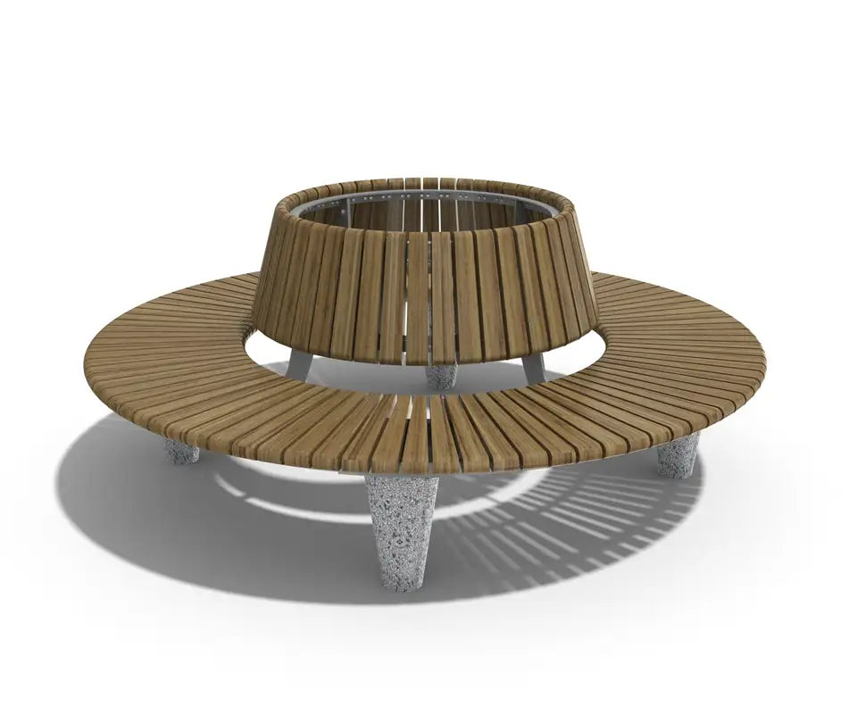 Round Bench with back and Wooden Bench on Concrete and Stone Base | Model COLL1691