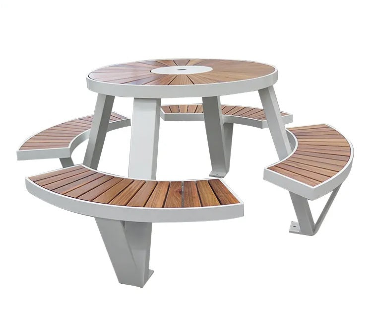 Round Bench without back and Wooden Bench on Galvanized Steel Base | Model COLL1692